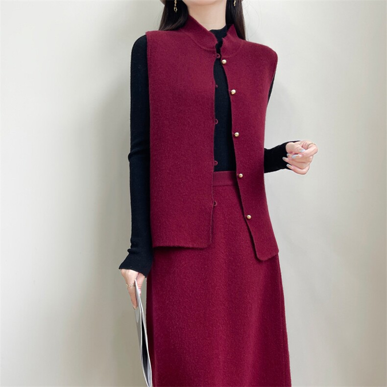 2024春秋新款宽松V领毛衣针织马甲裙两件套，女装套装/套裙，美雪羊绒