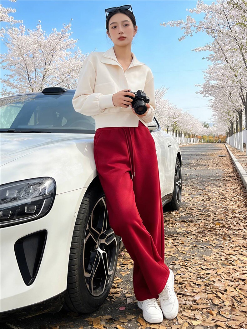 个性简约时尚套装女春季新款杏色立领长袖上衣红色阔腿长裤两件套,女装套装/套裙,江南