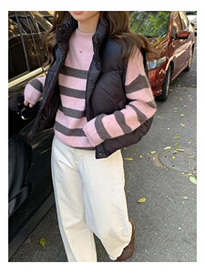 复古减龄女圆领毛衣慵懒风秋冬宽松撞色条纹针织衫图片