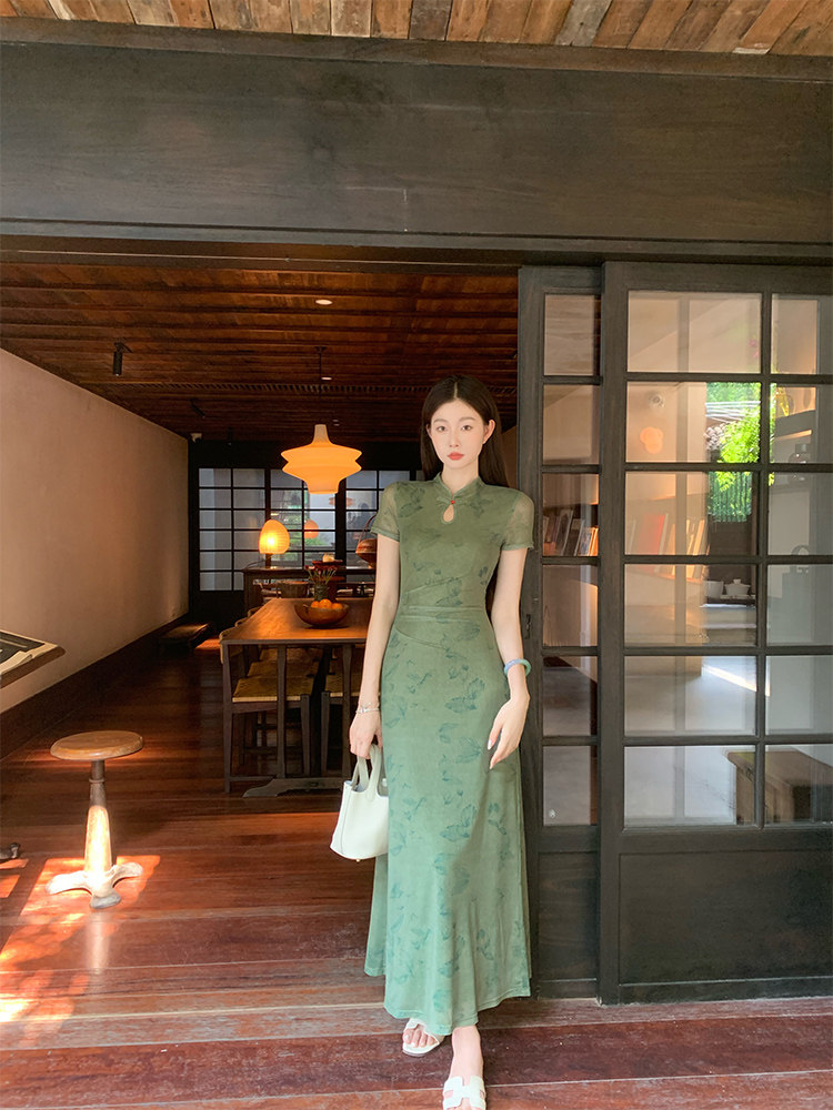 新中式风EIA一尧空林晚清冷禅意旗袍连衣裙夏温婉短袖长裙,女装连衣裙,梦白服饰厂