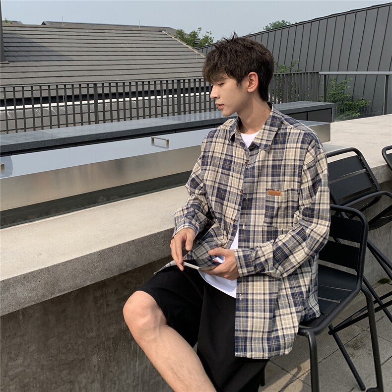 B413-1-DX878港风休闲格子长袖衬衫男美式高街宽松百搭复古上衣图片
