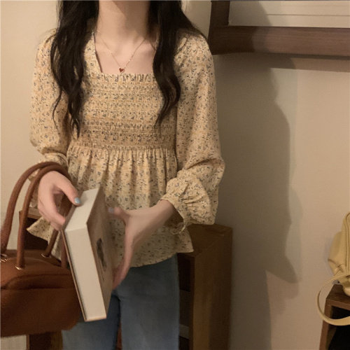 碎花雪纺衫新款方领收腰显瘦衬衫,女装蕾丝衫/雪纺衫,潮品会