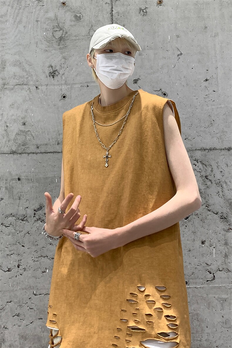 背心/马甲/坎肩夏季圆领下摆破洞无袖纯色T恤B239-1237-P45,男装背心/马甲,星座514-2(原B239)