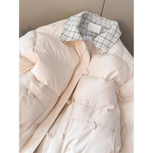1506-1/M78801/P89冬季新款粉色复古格纹接翻领棉服外套男女情侣图片