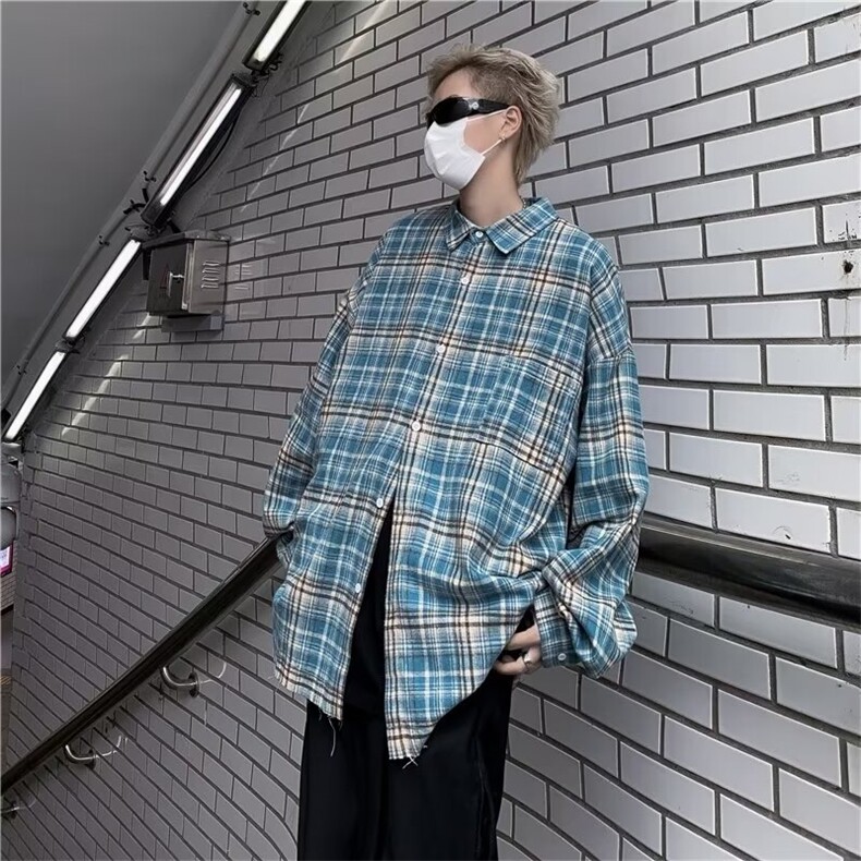 美式复古格子衬衫男新款ins潮牌宽松长袖衬衣年休闲外套C7998-p45,男装衬衫,星座1008-2