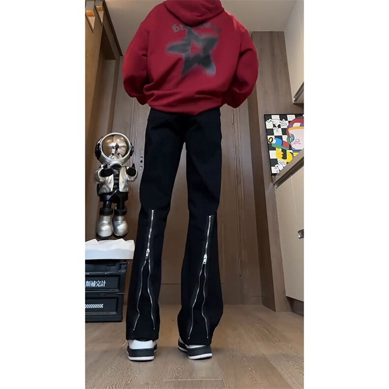 黑色拉链微辣喇牛仔裤男款提档痞帅高级感裤子美式高街直筒工装裤,男装牛仔裤,星座302B-2