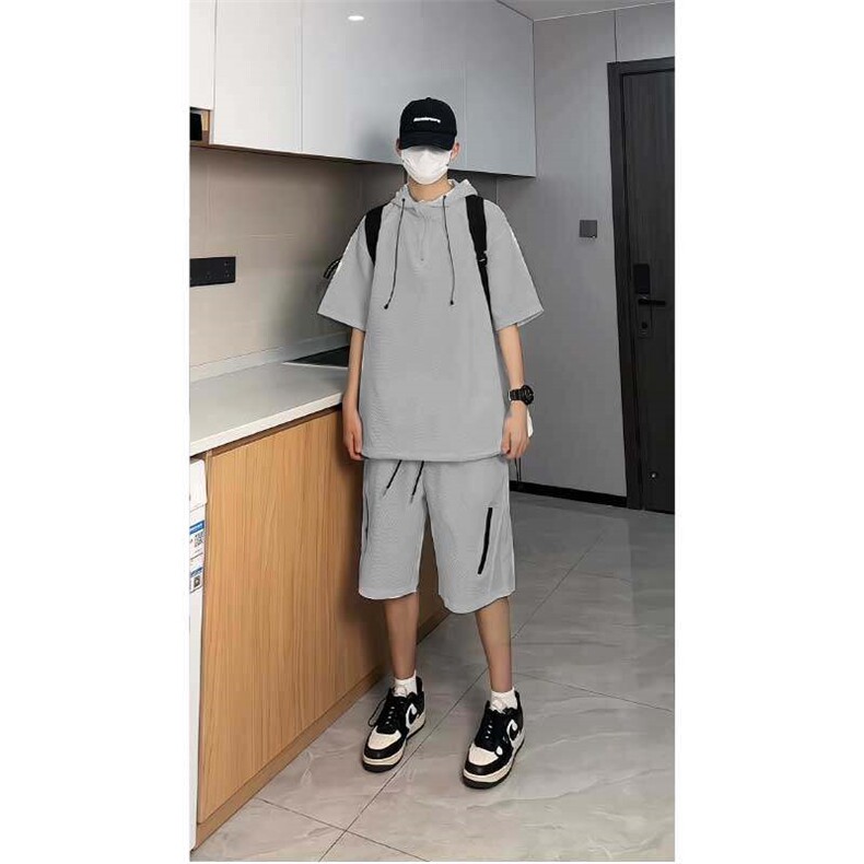 夏季新款连帽泡泡纱防晒套装新款短袖百搭宽松T恤套装TZ558P50，男装防晒衣，电商A128