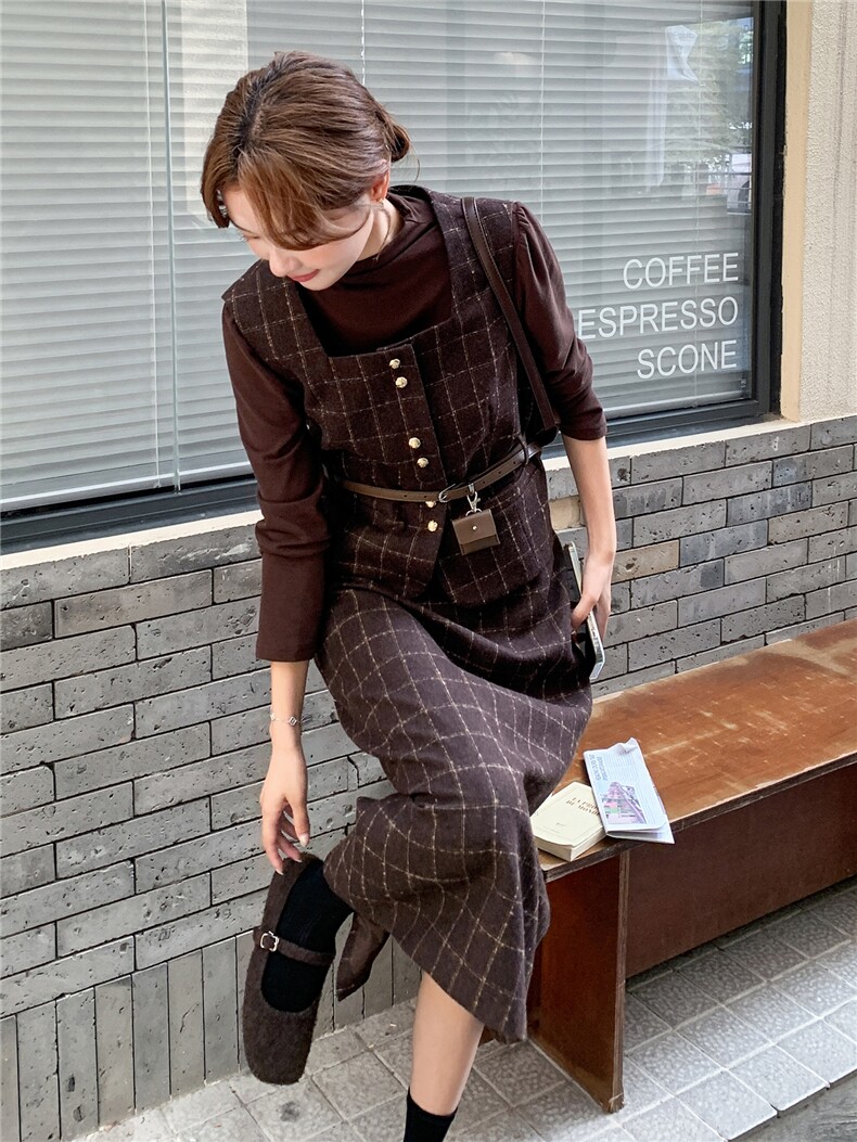 现货-2025年秋季新款法式马甲配中长款半身裙三件套套装女,女装套装/套裙,霓裳依族
