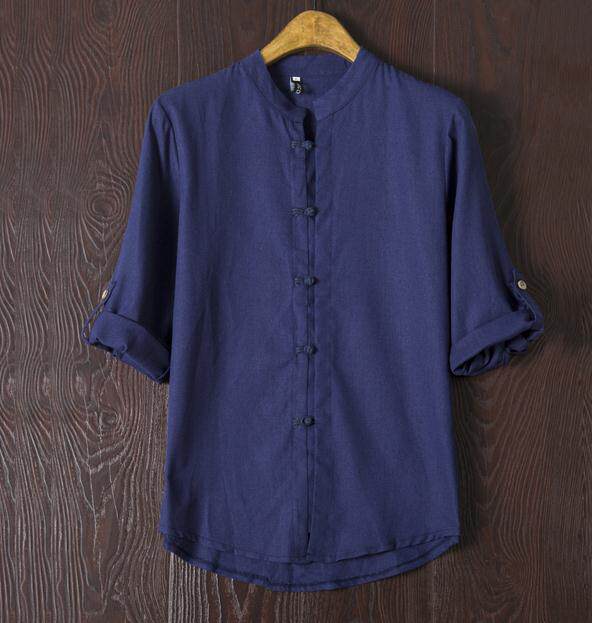 原创中国风男士夏季棉麻衬衫亚麻立领盘扣七分袖上衣复古男唐装15，男装衬衫，星座1804