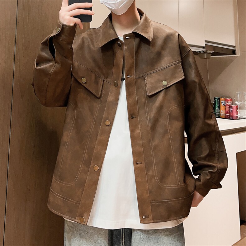 秋季薄款皮衣男情侣男士夹克宽松翻领外套潮A266-PY009-P100控168图片