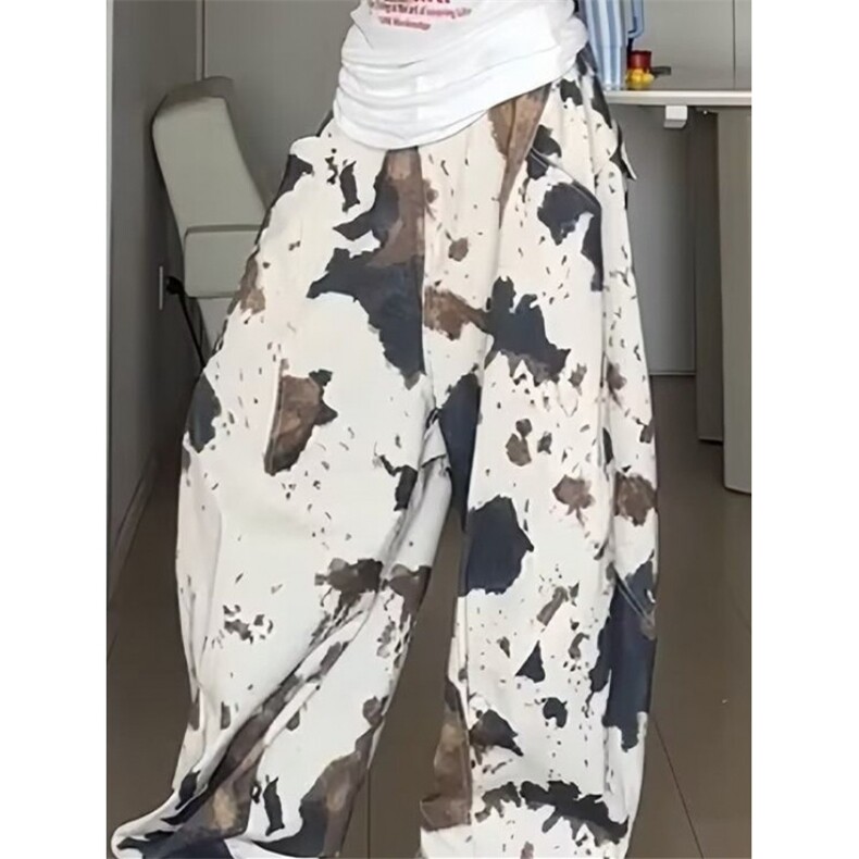阔腿裤雪纺花裤子女秋季水墨画扎染高腰垂坠感休闲拖地裤 K8094图片