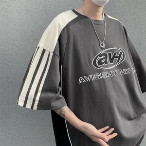 C357-P38 2024夏季新款条纹宽松T恤男美式复古潮牌短袖体恤现货图片
