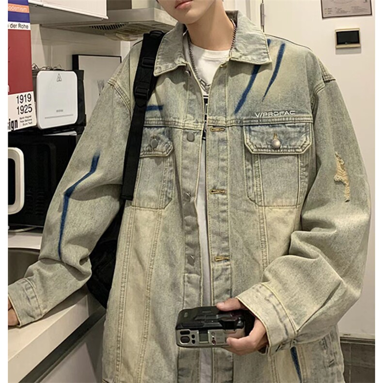 1506-1/JJ041/P60春季新款美式潮牌复古做旧水洗牛仔夹克男士百搭图片