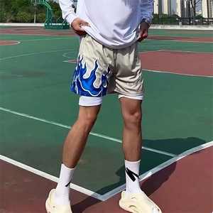 夏季火焰美式篮球短裤运动休闲2025黑色速干宽松训练系带四分裤图片