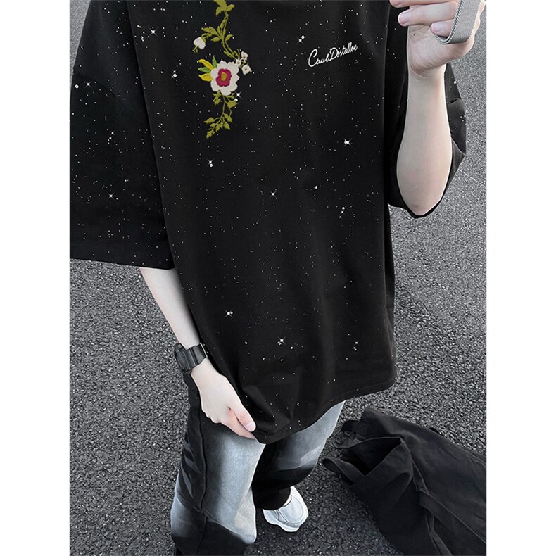 可48小时发货支持抖音得物来样二开美式满天星亮片短袖T恤MTX717,男装T恤,电商A486-1