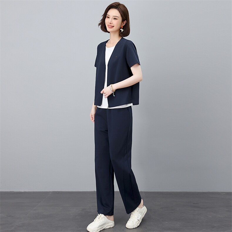 休闲套装女2025夏季新款时尚洋气假两件短袖卫衣搭配一整套运动服,女装套装/套裙,忆绮罗
