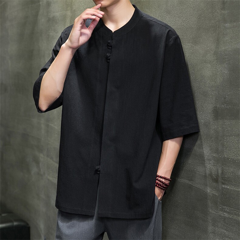 2023风男装盘扣唐装汉服五分袖短袖衬衫A203A-6809,男装T恤,星座815-1（原A203A）
