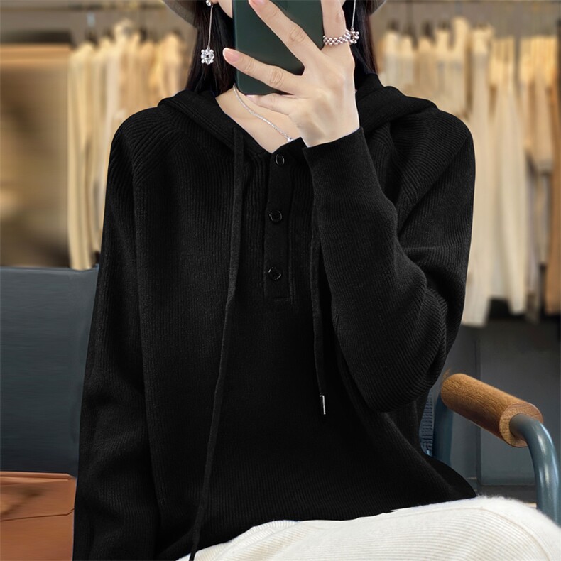 慵懒风安迪绒带帽毛衣女春秋打底衫宽松卫衣连帽针织衫内搭帽衫,针织衫/毛衣,大美人包芯纱店