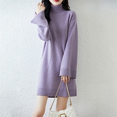 2025百搭时尚简约中长高领喇叭袖羊毛衫连衣裙，女装连衣裙，越洋羊