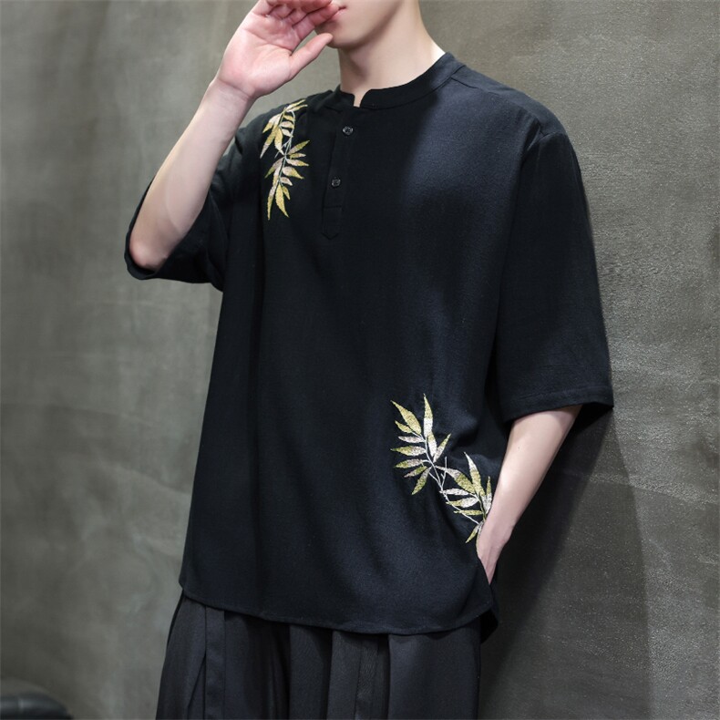 夏季棉麻刺绣竹叶新款五分袖短袖T恤衬衫T99-P65-控88图片