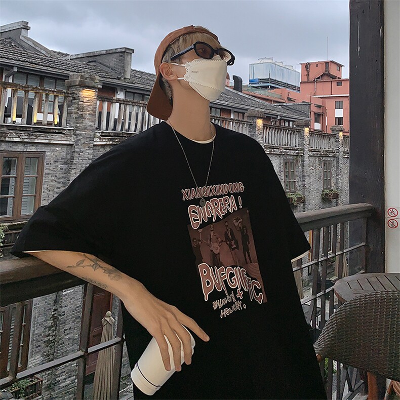 港风夏款大码宽松印花短袖T恤男女A014-T2231-P25控38,男装T恤,电商A014