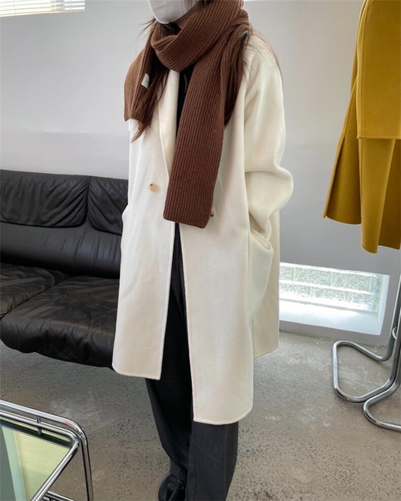 秋冬新款简约翻领中长款两粒扣大口袋羊绒大衣，其它，HJ