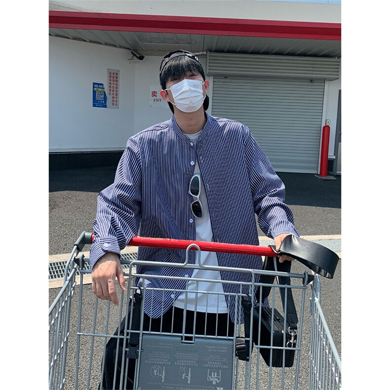 设计感条纹衬衣文艺范男宽松休闲港味立领衬衫外套C2270-特价P45,男装衬衫,电商A007