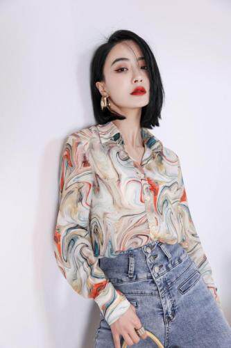 梵高色彩印花衬衣，女装，哥卓