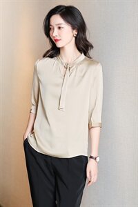 老敏哥【优雅从容】100重磅百搭飘带立领桑蚕丝双绉真丝上衣女图片
