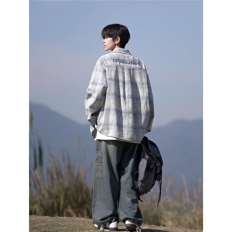 胖胖哥少年感格子长袖衬衫男2025新款秋季大码宽松日系休闲外套潮,男装衬衫,星座1210-1