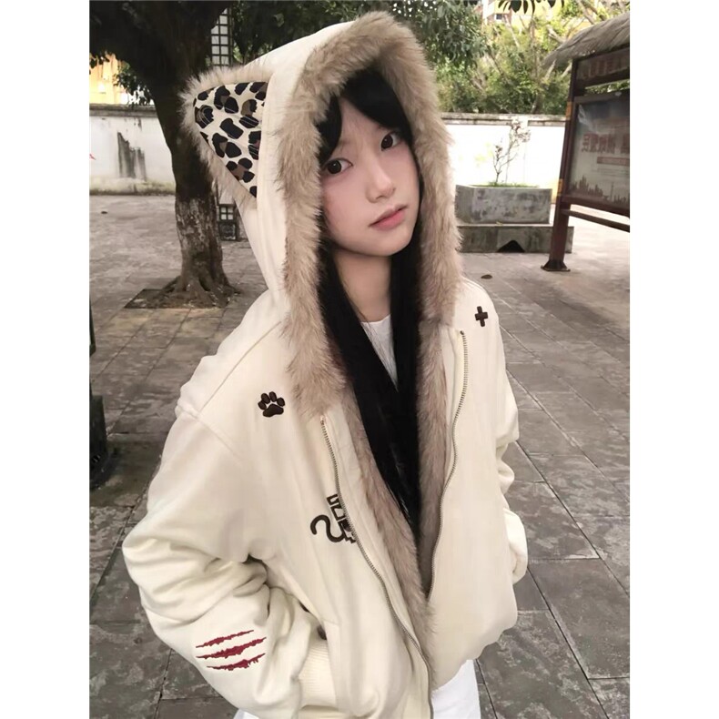 网图发芽小恶魔豹纹仿麂皮毛领加厚座山雕棉服外套女YY822-P108图片
