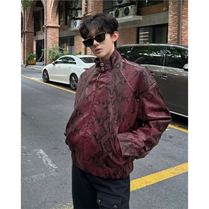25秋冬蛇皮纹红宝石铆钉设计感皮夹克外套JK118-P158图片