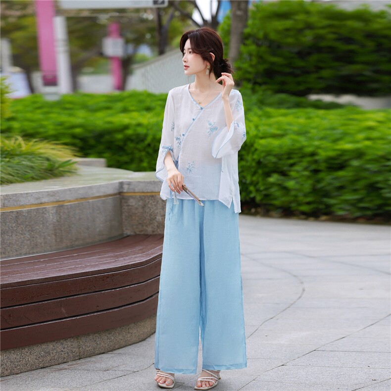 苎麻套装女夏2026新款宽松休闲时尚减龄棉麻阔腿裤两件套,女装套装/套裙,鑫源服饰