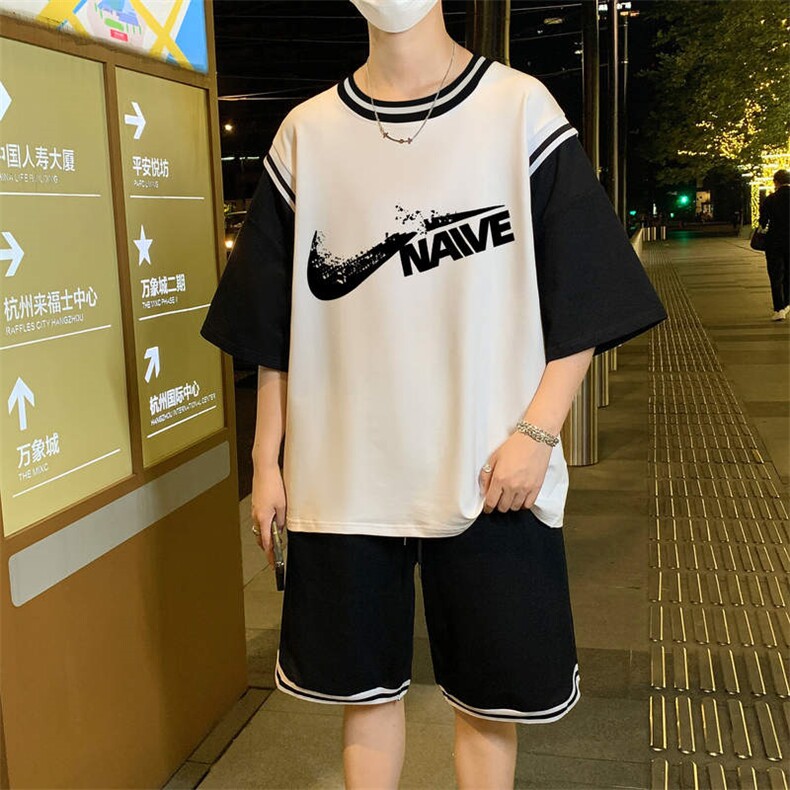 夏季短袖T恤套装青少年纯棉篮球服男潮流两件套男装TZ391P60控89,男装休闲套装,电商A086