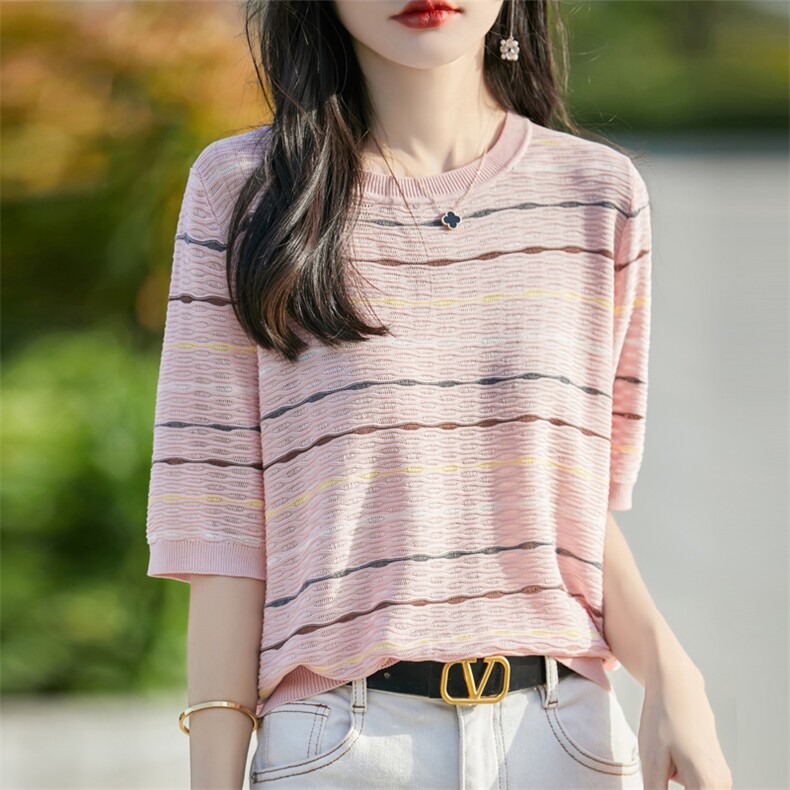 天丝针织条纹正肩短袖T恤女2025夏季大码薄款宽松圆领半袖t恤上衣,针织衫/毛衣,郡淞羊绒