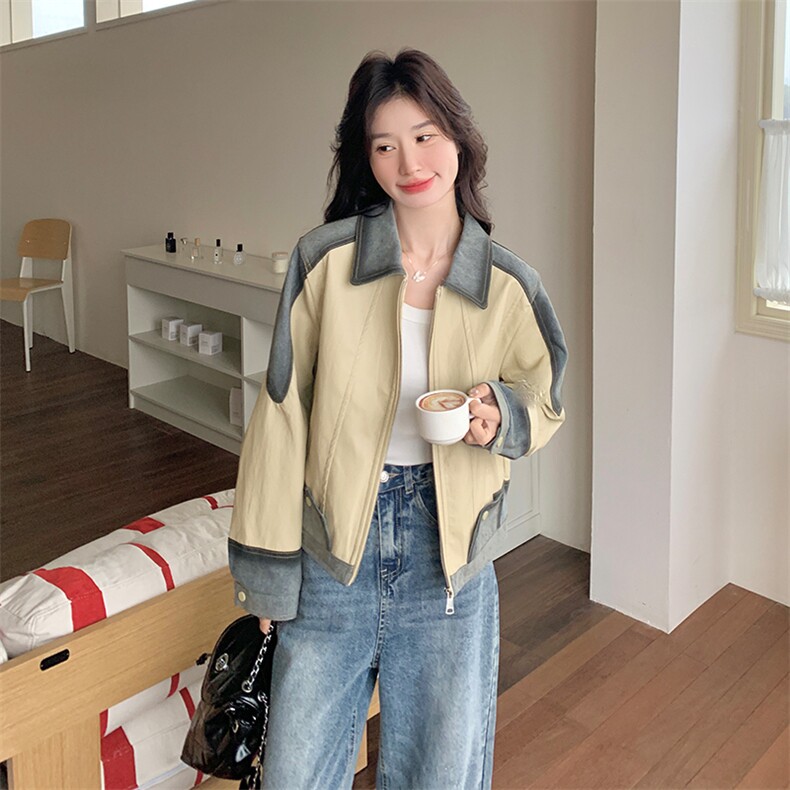 牛仔拼接PU皮外套女秋2025新款时尚高级感气质翻领夹克复古设计感,女装皮衣,2C269