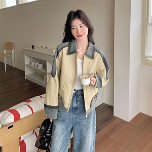 牛仔拼接PU皮外套女秋2025新款时尚高级感气质翻领夹克复古设计感图片