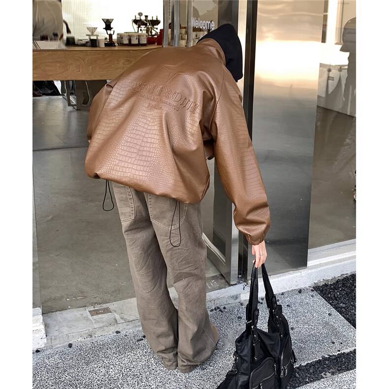 港风鳄鱼纹可拆卸四芒星胸针背后钢印设计夹克男JK77741P85控118，男装夹克，星座227-7