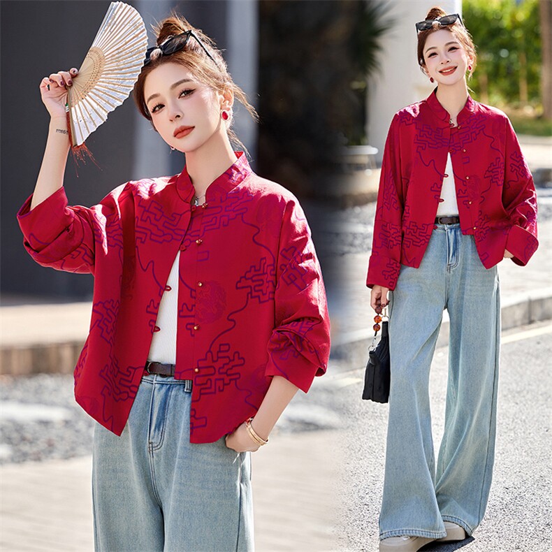新中式G风印花2025早春新款盘扣复古名族唐装气质减龄短款上衣，女装短外套，众宇琦
