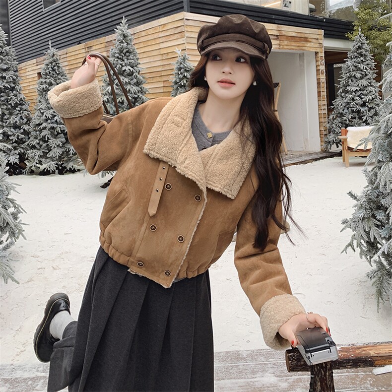 麂皮绒皮毛一体外套女2025冬季新款复古时髦小个子加厚羊羔毛上衣,女装皮草,鑫慧