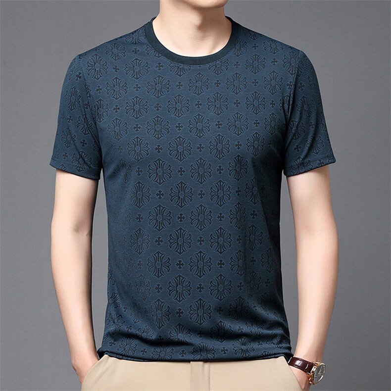 夏季新款男士冰丝圆领提花短袖休闲透气打底衫男宽松半袖上衣T恤，男装T恤，钱塘6003（原4033）