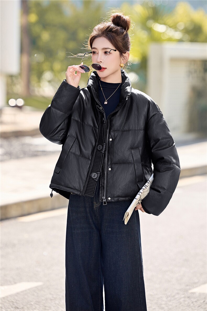 高级感羽绒服女2025冬季新款高端时尚百搭翻领PU皮保暖短款外套J,女装羽绒服,意芙