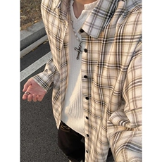 复古格子美式衬衫男长袖翻领宽松百搭格子纹外套C2273-特价P37，男装衬衫，电商A007