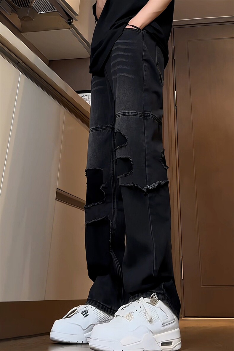 B221美式ins高街暗黑小众撞色破洞直筒牛仔裤LK23109-P65控88,男装牛仔裤,电商B221