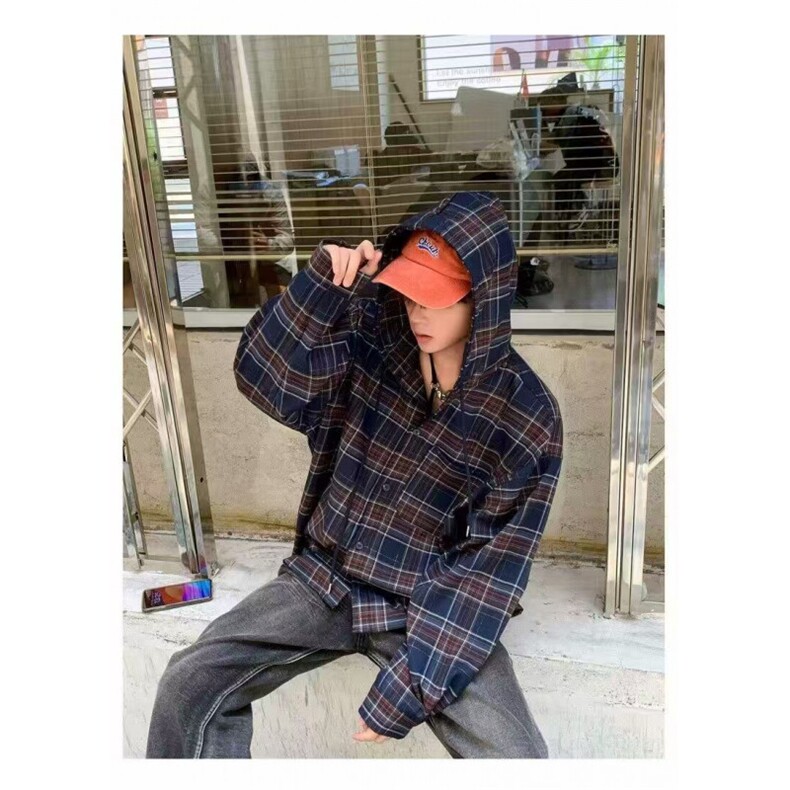 JY374-P62美式复古格子连帽衬衫男女长袖高级感衬衣,男装衬衫,星座1501-3