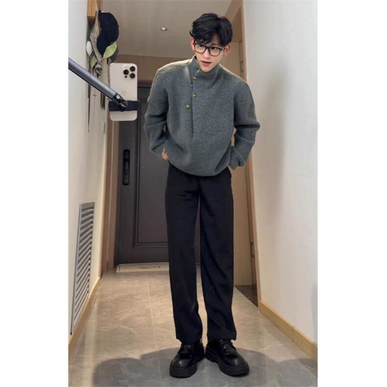 灰色半高领毛衣男款秋冬季慵懒风宽松针织衫设计感高级感小众外套,男装针织衫/毛衣,星座1007（原301D）