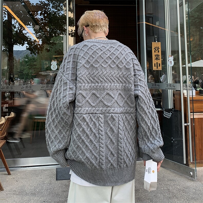 MY236-P52日系宽松型麻花圆领毛衣,男装针织衫/毛衣,星座1501-1