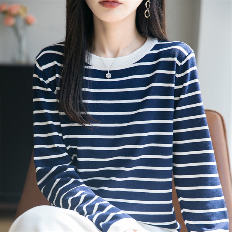 2025年秋季女士条纹拼色长袖,针织衫/毛衣,萱芳婷羊绒