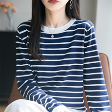 2025年秋季女士条纹拼色长袖，女装针织衫/毛衣，萱芳婷羊绒