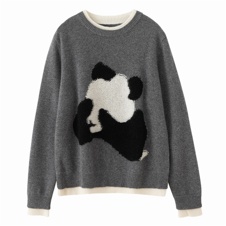 2025年秋季新款立体毛巾绣捂眼熊猫针织羊绒上衣时尚休闲通勤百搭，女装羊绒衫，博友羊绒